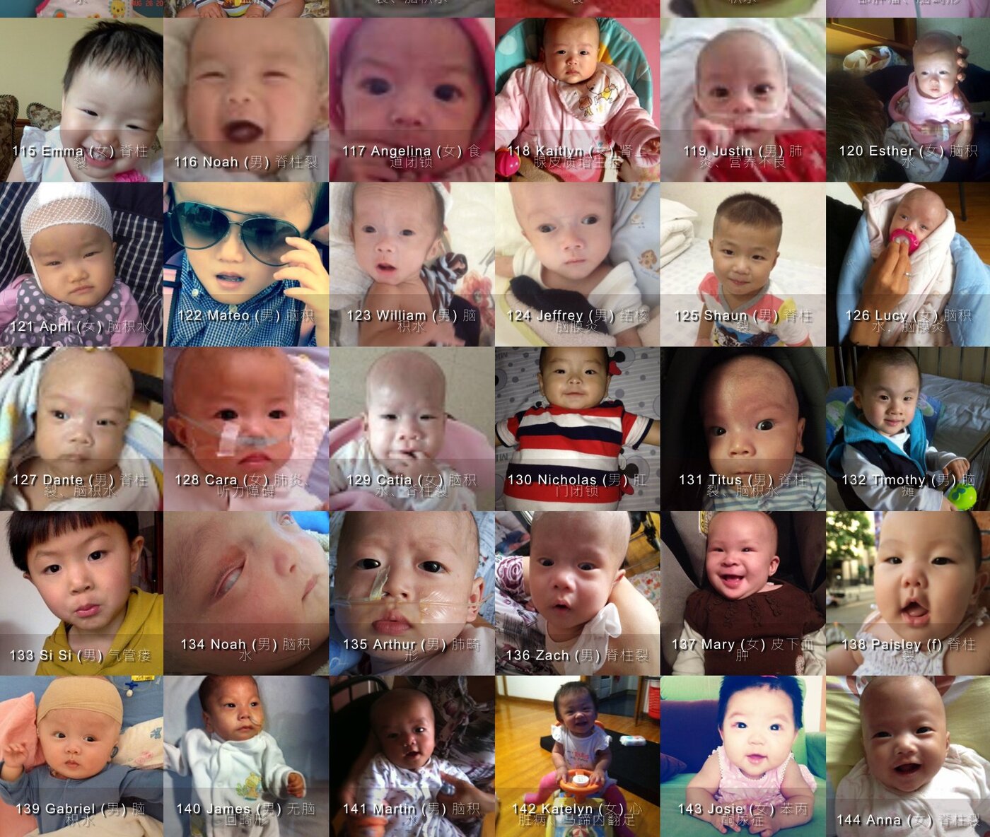 Children rescued and treated by the Baobei Foundation — each photo a life saved